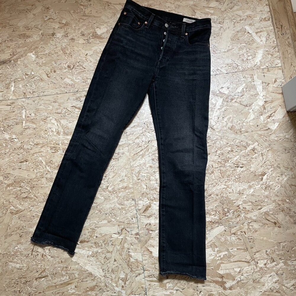Levi's Womens Black Selvedge Denim Straight Leg Button Raw Hem Jeans Size 27